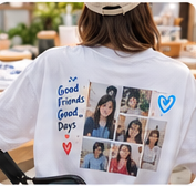 เสื้อยืดสีขาวสกรีนลายคอลลาจรูปถ่ายและข้อความ Good Friends Good Days