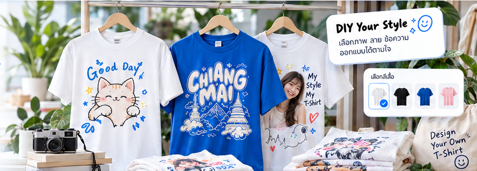 เสื้อยืดสกรีนลายหลากสไตล์แขวนอยู่บนราว พร้อมการ์ดเลือกสีเสื้อ