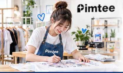 ลูกค้าสาวใส่ผ้ากันเปื้อน Pimtee กำลังวาดลายลงบนเสื้อยืดที่โต๊ะทำงานในร้าน